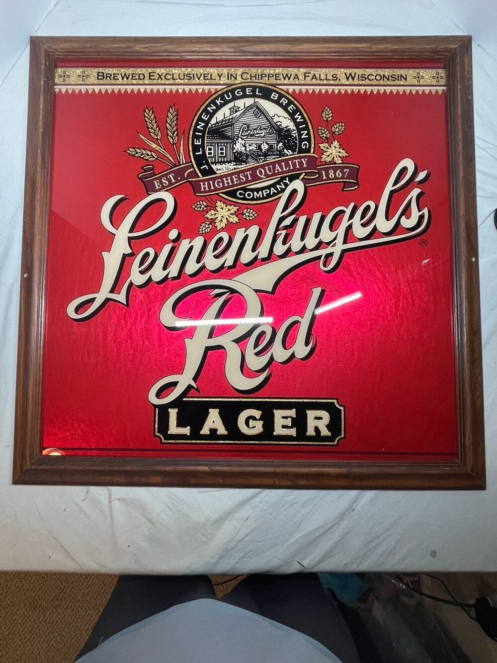 RARE LEINENKUGEL'S RED LAGER BEER SIGN MIRROR "27 X 27" CHIPPEWA FALLS WISCONSIN